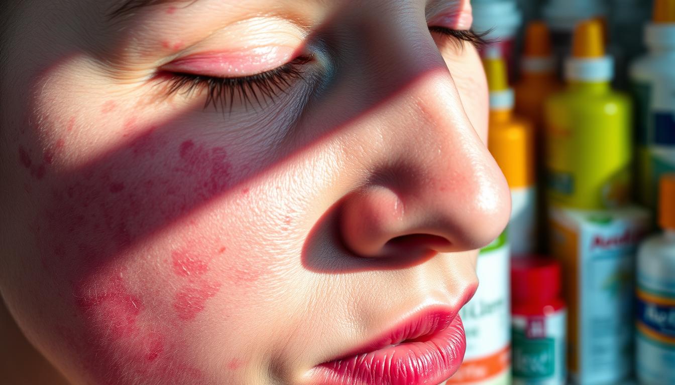 Vibrant close-up of a person's face, showing visible skin rash, reddened eyes, and swollen lips - the telltale signs of an allergic reaction to over-the-counter painkillers. The lighting is soft and natural, casting gentle shadows that accentuate the skin irritation. The subject's expression conveys a sense of discomfort and distress. In the background, a blurred array of various OTC medication bottles, hinting at the source of the allergic reaction. The overall mood is one of concern and awareness, highlighting the potential hidden risks of seemingly harmless painkillers. Vibrant close-up of a person's face, showing visible skin rash, reddened eyes, and swollen lips - the telltale signs of an allergic reaction to over-the-counter painkillers. The lighting is soft and natural, casting gentle shadows that accentuate the skin irritation. The subject's expression conveys a sense of discomfort and distress. In the background, a blurred array of various OTC medication bottles, hinting at the source of the allergic reaction. The overall mood is one of concern and awareness, highlighting the potential hidden risks of seemingly harmless painkillers.