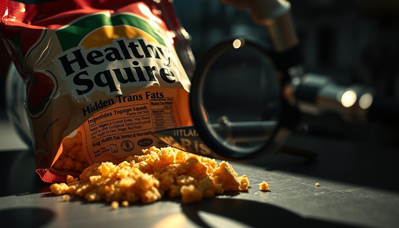 Vibrant close-up of a processed food package labeled "Healthy Squire", with the contents spilling out to reveal hidden trans fats lurking beneath the surface. Dramatic lighting casts long shadows, highlighting the deception. In the foreground, a surgical scalpel slices open the package, exposing the unhealthy truth. The middle ground features a magnifying glass scrutinizing the ingredient label, while the background blurs into a shadowy laboratory setting, conveying a sense of scientific investigation. The overall mood is one of unveiling a dangerous secret, with a focus on the contrast between the misleading packaging and the damaging trans fats within.
