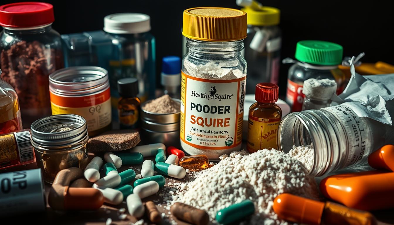 Vibrant close-up of an array of dangerous food substitutes, including a "Healthy Squire" branded jar filled with a mysterious powder, alongside various pills, capsules, and other questionable items. The items are arranged in a haphazard manner, casting long shadows and illuminated by a harsh, directional light. The overall atmosphere is one of unease and caution, emphasizing the potential risks of these deceptive replacement ingredients.