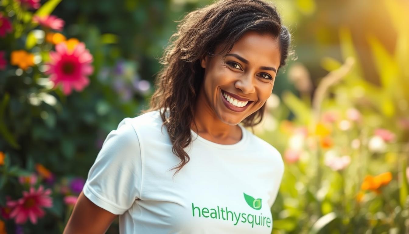 Vibrant close-up portrait of a smiling woman, wearing a white shirt with the "Healthy Squire" logo, standing outdoors in a lush, green garden. Soft, warm lighting illuminates her face, highlighting her radiant skin and joyful expression. Behind her, a blurred background of colorful flowers and foliage creates a serene, natural atmosphere. The woman's pose and body language convey a sense of renewed energy, vitality, and well-being, reflecting her successful fasting journey for improved health.