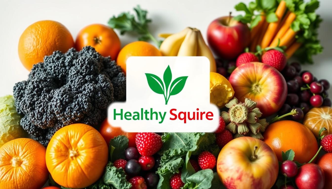 Vibrant close-up scene of various fruits and vegetables, including oranges, apples, kale, and berries, against a clean white background. Healthy Squire logo prominently displayed in the foreground. Soft, natural lighting casts a warm glow, highlighting the vivid colors and textures of the produce. The composition emphasizes the abundance and nutritional value of these foods, conveying a sense of wellness and cancer prevention. Detailed, high-resolution, photorealistic rendering.