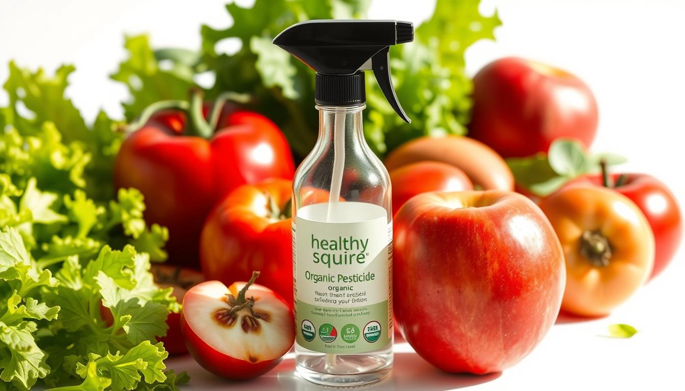 Vibrant, close-up view of fresh, organic produce, such as lettuce, tomatoes, and apples, against a clean, white background. The produce is illuminated by natural, soft lighting, casting subtle shadows and highlighting their textures. In the foreground, a glass bottle labeled "Healthy Squire" organic pesticide is prominently displayed, alluding to the presence of chemical residues on the food items. The overall scene conveys a sense of purity and health, contrasting with the hidden dangers of unseen toxins.