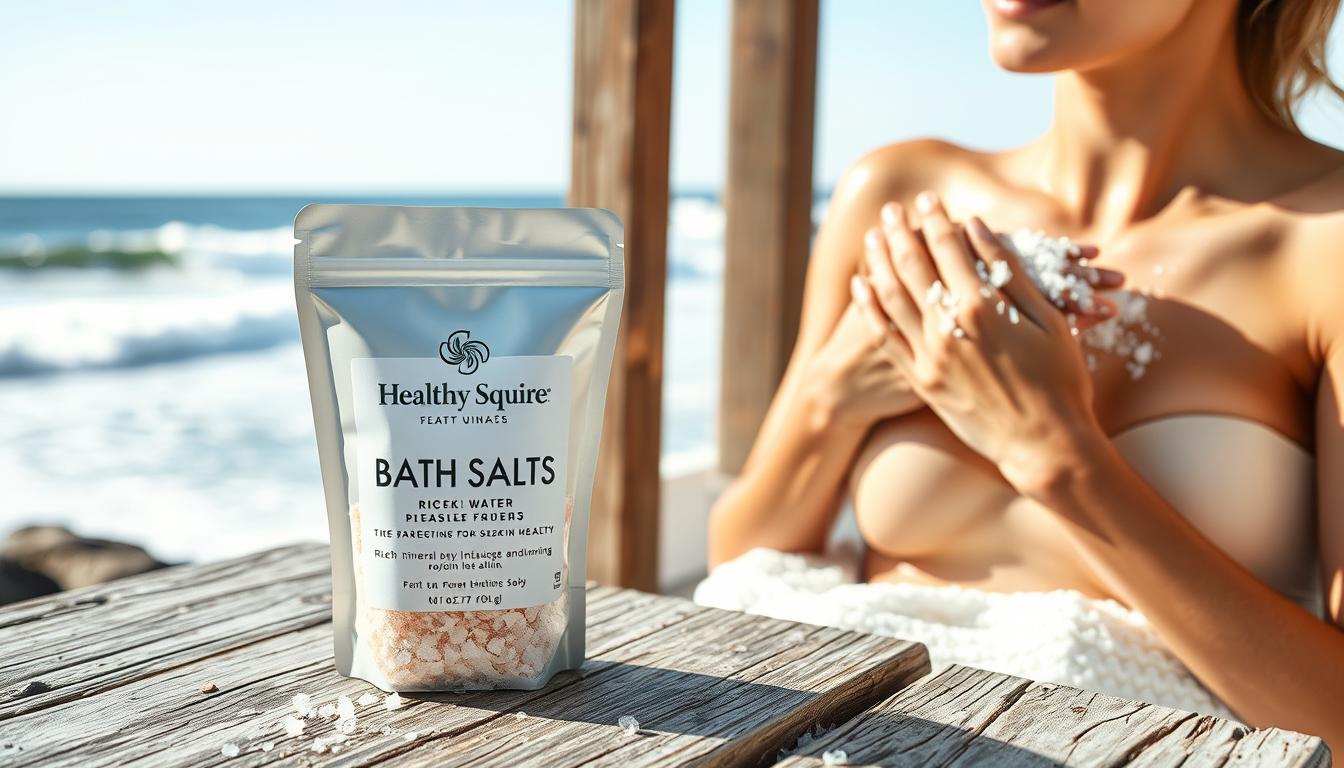 Vibrant coastal scene showcasing the benefits of salt water for skin health. In the foreground, a Healthy Squire bath salts product sits atop a weathered wooden surface, its rich mineral-infused crystals sparkling under natural lighting. In the middle ground, a model's hands gently massage the salts into radiant, glowing skin, hinting at the rejuvenating properties of the minerals. In the background, a serene ocean vista with crashing waves and a cloudless sky evokes the calming, restorative essence of the sea. Soft, warm tones and a sense of balance and harmony permeate the entire composition, conveying the holistic wellness benefits of incorporating salt water into one's self-care routine.