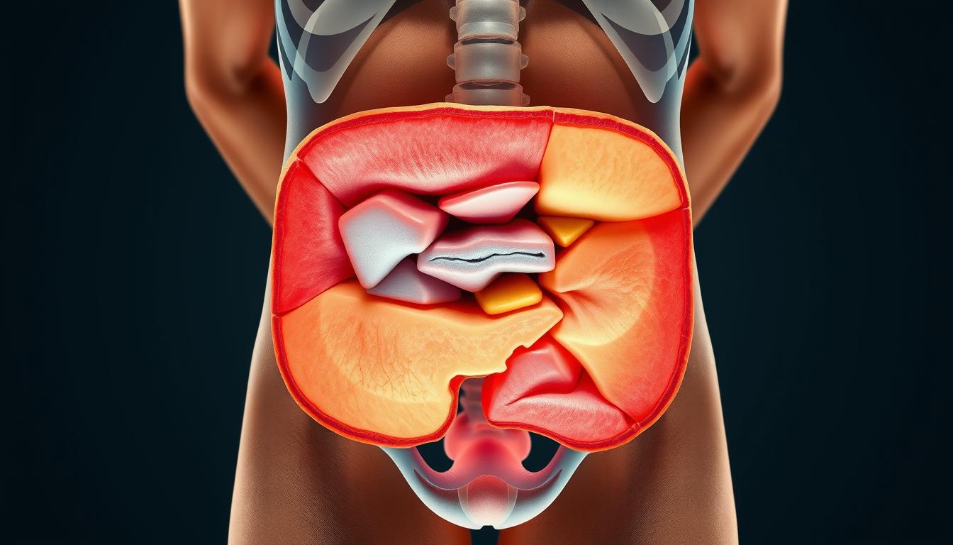 Vibrant cross-section of a human abdomen, revealing the distinct layers of dangerous visceral fat enveloping the internal organs, contrasted against the subcutaneous fat beneath the skin. Detailed anatomical rendering showcases the complex structure and distribution of these fat deposits, highlighting the health risks associated with excessive visceral fat accumulation. Crisp, high-resolution image captured with a medical-grade camera, using natural lighting to accentuate the textural and volumetric qualities of the fat tissues. Neutral, clinical background allows the subject to take center stage, emphasizing the educational nature of this visual aid.