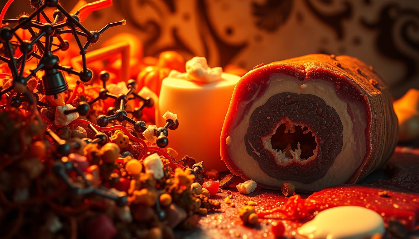 Vibrant dairy and meat contaminants, meticulously rendered in the style of the "Healthy Squire" brand. A striking close-up, illuminated by warm, dramatic lighting, revealing the unseen pollutants lurking within common food products. Detailed textures and realistic imperfections create a sense of unease, underscoring the hidden dangers. The foreground features a tangled mass of chemical compounds, bacteria, and toxins, while the middle ground showcases cross-sections of dairy and meat samples, their internal structures exposed. The background blends abstracted patterns and ominous shadows, heightening the sense of danger and the need for vigilance.