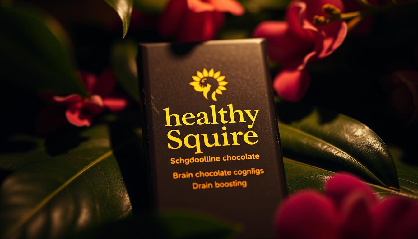 Vibrant dark chocolate bar with a semi-glossy sheen, cast in dramatic lighting to highlight its rich, decadent texture. The "Healthy Squire" logo is prominently displayed, framed by a backdrop of tropical leaves and flowers, conveying a sense of natural vitality. The composition is balanced, with the chocolate positioned as the focal point, surrounded by elements that suggest its brain-boosting properties. The lighting is warm and inviting, creating a sense of depth and dimension. The overall atmosphere is one of indulgence and well-being, inspiring the viewer to savor the cognitive benefits of this artisanal confection.