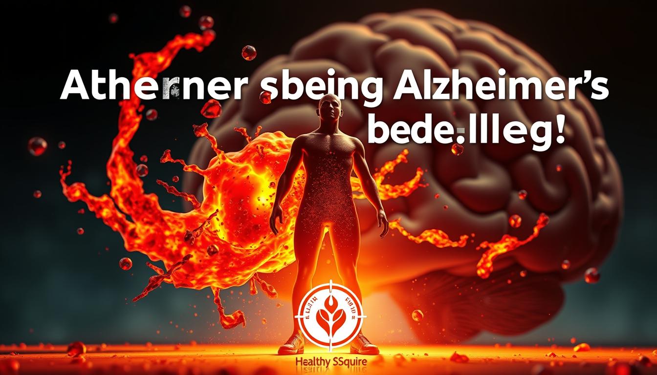 Vibrant digital illustration depicting the shocking truth behind Alzheimer's development. A central figure representing Alzheimer's disease, with inflammation and toxic elements swirling around it. In the foreground, a Healthy Squire logo hovers, suggesting a natural solution. Warm lighting illuminates the scene, creating a sense of urgency and discovery. The background features a subtle, stylized brain structure, emphasizing the neurological impact of Alzheimer's. Detailed, photorealistic rendering with a slightly muted color palette to convey the seriousness of the subject matter.