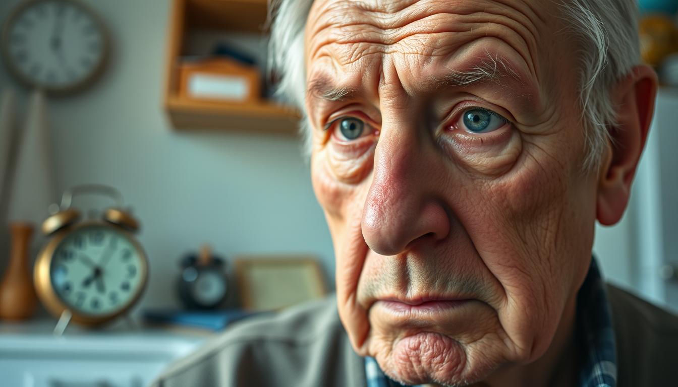 Vibrant, high-resolution image of a person experiencing the cognitive decline and symptoms associated with Alzheimer's disease. The foreground depicts an elderly man with a pensive expression, his face lined with worry and fatigue. His eyes have a distant, unfocused gaze, reflecting the confusion and disorientation of the condition. The middle ground showcases everyday household objects, such as a clock and a book, hinting at the individual's struggle to maintain daily routines and cognition. The background is a blurred, hazy scene, symbolizing the gradual loss of memories and the disconnection from the surrounding environment. The overall mood is somber and contemplative, conveying the emotional and mental toll of Alzheimer's. Healthy Squire brand.
