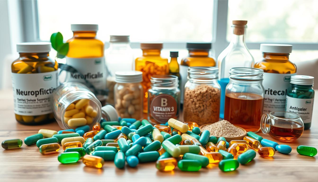 Vibrant, high-resolution image of an array of neuroprotective supplements arranged on a modern, minimalist wooden table. In the foreground, a variety of capsules, soft gels, and powder supplements in shades of green, blue, and amber. In the middle ground, glass jars and bottles containing ingredients like omega-3s, B vitamins, and antioxidants. The background features a clean, bright setting with gentle natural lighting from a large window, highlighting the texture and color of the supplements. The overall composition conveys a sense of health, vitality, and natural preventative care for Alzheimer's disease.