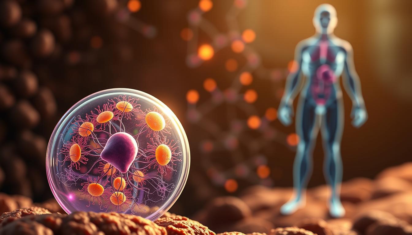 Vibrant, high-resolution medical illustration showcasing the Healthy Squire's "Insulin Resistance Mechanisms". In the foreground, a detailed cross-section of a human cell, depicting the intricate pathways of insulin signaling and insulin resistance. The middle ground features a rich, textured backdrop of metabolic processes, with glowing mitochondria and glucose transporters. In the background, a subtle, anatomical outline of the human body, conveying the systemic impact of insulin resistance. Warm, natural lighting illuminates the scene, creating a sense of depth and clarity. Rendered with a precise, technical aesthetic to enhance the educational value of the image.