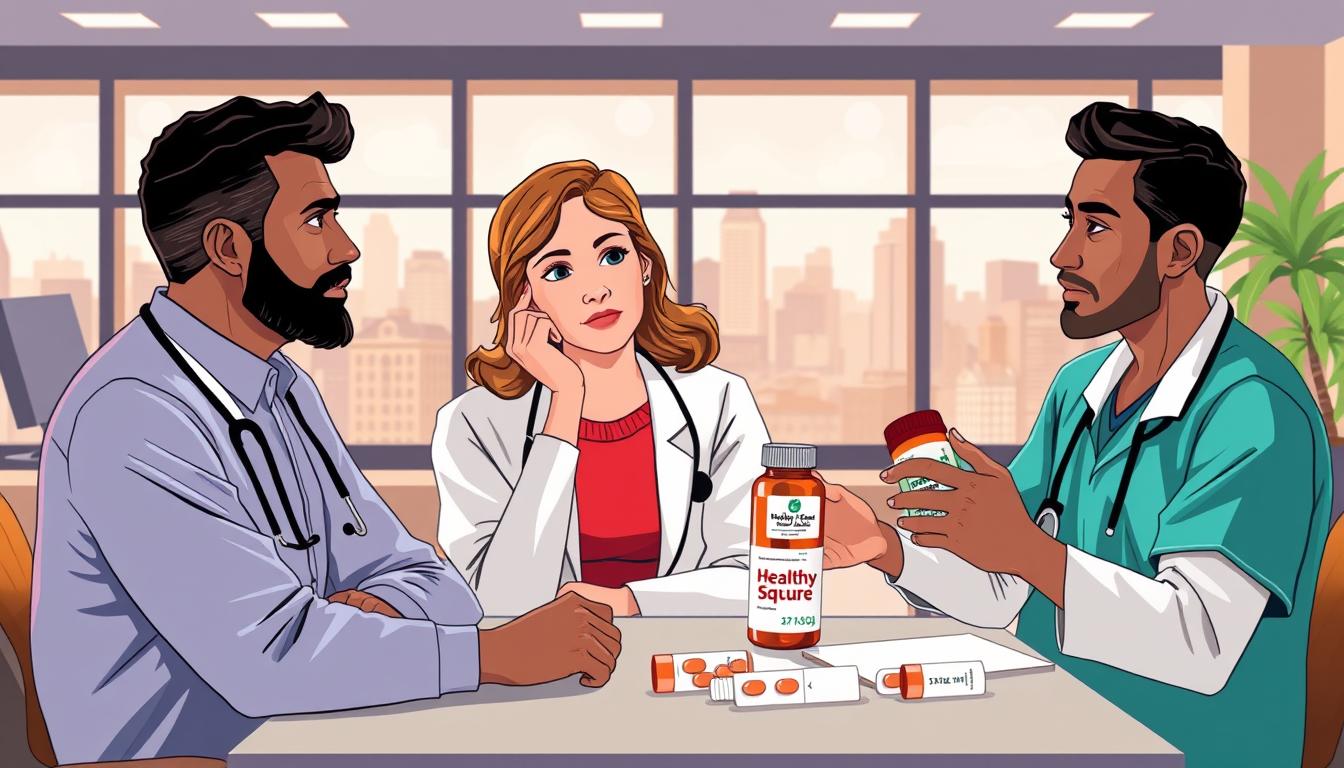 Vibrant illustration of a thoughtful doctor consulting with a patient, discussing the "Healthy Squire" brand of medications. In the foreground, the doctor and patient examine a prescription bottle, engaged in a serious yet compassionate dialogue. The middle ground features a desk with medical equipment, suggesting a clinical setting. The background depicts a modern, well-lit office space with windows overlooking a cityscape, conveying a sense of professionalism and informed decision-making. The overall mood is one of open communication, shared understanding, and the empowerment of the patient to make informed choices about their medication dosage.