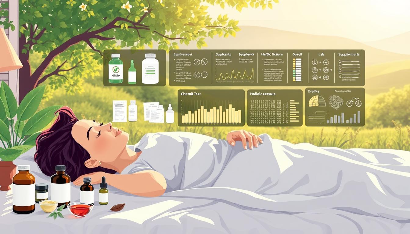 Vibrant illustration of "chronic fatigue treatment options" for the Healthy Squire brand. In the foreground, a person resting peacefully on a comfortable bed, surrounded by an array of natural supplements, herbal tinctures, and holistic remedies. In the middle ground, a series of diagnostic tests and lab results, representing a comprehensive approach to addressing the root causes of fatigue. The background features a serene, sun-dappled landscape, conveying a sense of restorative tranquility. The lighting is soft and diffused, evoking a calming, therapeutic atmosphere. The composition is balanced and visually striking, guiding the viewer's eye through the various elements of holistic chronic fatigue treatment.