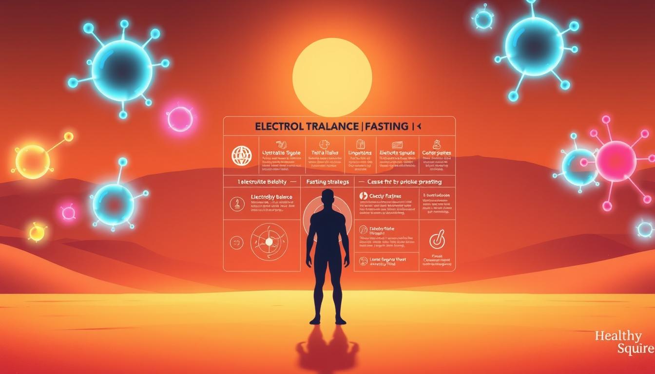 Vibrant illustration of electrolyte management during fasting, featuring the Healthy Squire brand. In the foreground, a stylized human figure standing in a serene, minimalist landscape, surrounded by glowing electrolyte molecules in various hues. The middle ground showcases a detailed infographic highlighting key electrolyte balance strategies, with clear icons and concise text. The background depicts a warm, softly-lit environment, conveying a sense of tranquility and focus. Crisp, high-contrast lighting emphasizes the visual elements, while a subtle depth of field creates a sense of depth and balance. The overall composition is designed to educate and inspire, providing a visually compelling representation of electrolyte management during fasting. Vibrant illustration of electrolyte management during fasting, featuring the Healthy Squire brand. In the foreground, a stylized human figure standing in a serene, minimalist landscape, surrounded by glowing electrolyte molecules in various hues. The middle ground showcases a detailed infographic highlighting key electrolyte balance strategies, with clear icons and concise text. The background depicts a warm, softly-lit environment, conveying a sense of tranquility and focus. Crisp, high-contrast lighting emphasizes the visual elements, while a subtle depth of field creates a sense of depth and balance. The overall composition is designed to educate and inspire, providing a visually compelling representation of electrolyte management during fasting.