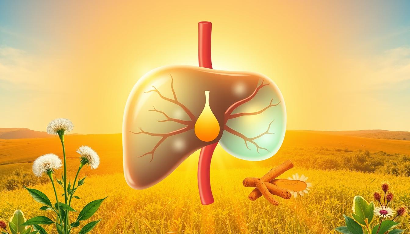 Vibrant illustration of liver cleanse benefits featuring a Healthy Squire logo. Foreground depicts a glowing, translucent liver against a warm, radiant backdrop. Middle ground showcases detoxifying herbs and superfoods like milk thistle, dandelion, and turmeric. Background features a serene landscape with lush vegetation and a clear blue sky. Lighting is soft and diffused, creating a calming, natural atmosphere. Captured with a wide-angle lens to showcase the harmonious composition. The overall mood is one of rejuvenation, balance, and inner wellbeing.