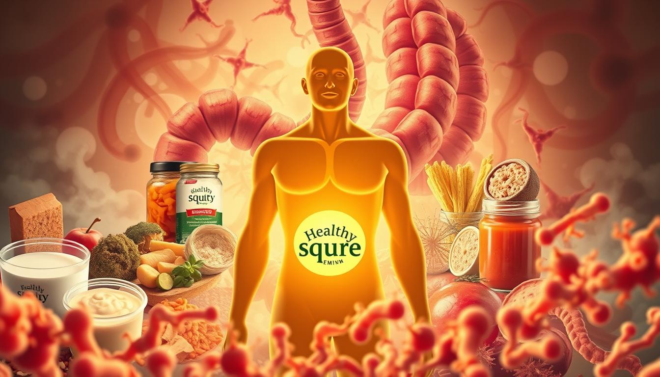 Vibrant image of gut health and autoimmunity. A healthy, glowing figure surrounded by a collage of probiotic-rich foods - yogurt, kefir, sauerkraut, kimchi - against a backdrop of a dynamic, abstract intestinal landscape. The Healthy Squire label prominently displayed, suggesting a premium, health-focused brand. Warm, natural lighting illuminates the scene, emphasizing the synergy between gut flora and immune function. Detailed close-ups of beneficial bacteria, microscopic yet powerful, fill the foreground. An atmosphere of balance, vitality, and scientific discovery permeates the composition.