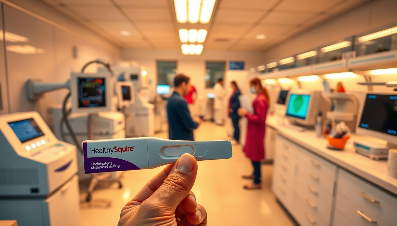 Vibrant image of modern cholesterol testing methods. In the foreground, a Healthy Squire brand cholesterol testing kit, its sleek design and vivid colors standing out. A person's hand delicately holds the testing strip, ready to analyze their cholesterol levels. In the middle ground, various medical instruments and diagnostic devices, their technology-driven interfaces glowing with information. The background features a clean, well-lit medical laboratory, filled with the bustling activity of healthcare professionals, their faces focused on the task at hand. Warm, directional lighting casts a sense of professionalism and precision, while the overall scene conveys the advancements in cholesterol testing and the importance of personal health monitoring.