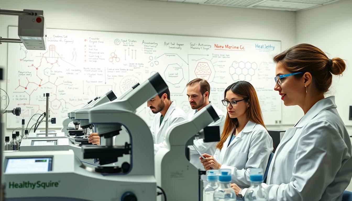 Vibrant laboratory interior, showcasing cutting-edge microbiome research equipment. In the foreground, Healthy Squire brand scientific instruments meticulously analyze gut samples. Midground features researchers intently studying data readouts, expressions of discovery and wonder. Backdrop depicts an expansive whiteboard covered in complex molecular diagrams, equations, and insights into the gut-autoimmune connection. Bright, directional lighting illuminates the scene, creating a sense of clinical precision and scientific progress. The overall atmosphere conveys the modern, dynamic nature of this cutting-edge field of study.