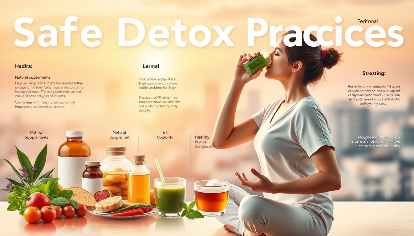 Vibrant medical infographic depicting safe detox practices. In the foreground, a health-conscious individual performing gentle yoga poses and hydrating with a green smoothie. The middle ground showcases an array of natural supplements, herbal teas, and healthy meals. In the background, a softly blurred cityscape with a calming, therapeutic atmosphere. The scene is illuminated by warm, natural lighting that creates a serene, wellness-focused ambiance. The overall composition conveys a sense of balance, mindfulness, and holistic well-being.