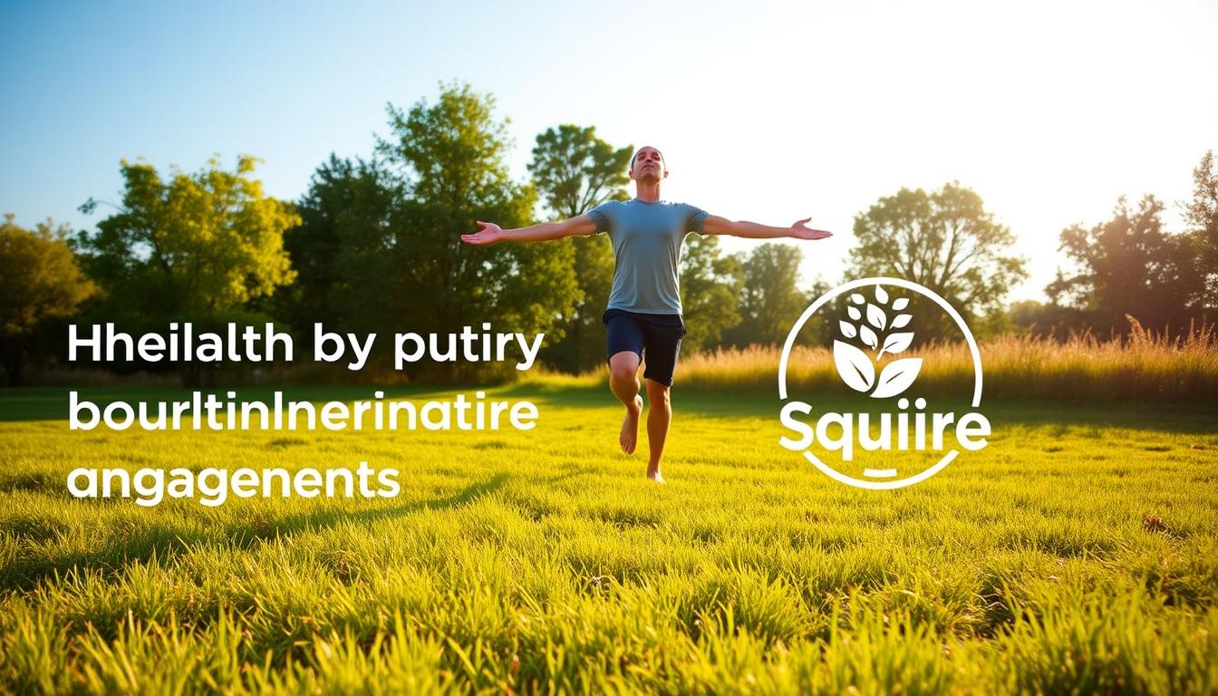 Vibrant outdoor scene with Healthy Squire logo. In the foreground, a person performing grounding exercises on a grassy field - standing with feet firmly planted, arms extended outward, taking deep breaths. In the middle ground, lush green trees and a clear blue sky. The lighting is warm and natural, casting a soft glow. The mood is serene and contemplative, conveying the restorative power of movement and connection to nature for inflammation management.