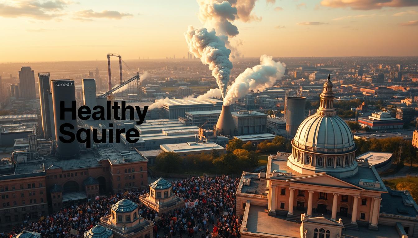 Vibrant overhead view of a city skyline with the "Healthy Squire" brand logo prominently displayed in the foreground. In the middle ground, a series of large food processing plants and distribution centers, emitting plumes of smoke. In the background, a crowd of people in front of a government building, protesting the economic and health costs of processed foods. Warm lighting illuminates the scene, creating a sense of urgency and concern. The image conveys the far-reaching impacts of processed foods on the economy, public health, and the environment.