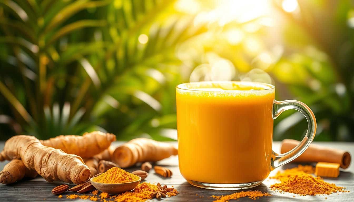 Vibrant, radiant image of a Healthy Squire's turmeric golden milk. In the foreground, a steaming mug filled with a rich, golden liquid, with a layer of foamy turmeric-infused milk sitting atop. Surrounding the mug, fresh turmeric roots, whole spices, and a scattering of ground turmeric powder. In the middle ground, a lush, verdant background featuring tropical plants and sunlight filtering through, casting a warm, inviting glow. The lighting is soft and diffused, emphasizing the natural, earthy tones of the ingredients. The composition is balanced and harmonious, conveying the ancient wisdom and modern health benefits of this ancient Ayurvedic elixir.