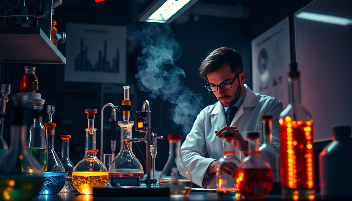 Vibrant scientific apparatus casts a warm glow in a dimly lit laboratory. Precision instruments, glass beakers, and mysterious liquids suggest an investigation into the unseen forces of energy medicine. A scientist in a white coat focuses intently, surrounded by charts and data visualizations. Soft diffused lighting from above illuminates the scene, creating a sense of scientific rigor and discovery. The overall atmosphere conveys the cutting edge of research into holistic healing modalities, blending the empirical and the esoteric.