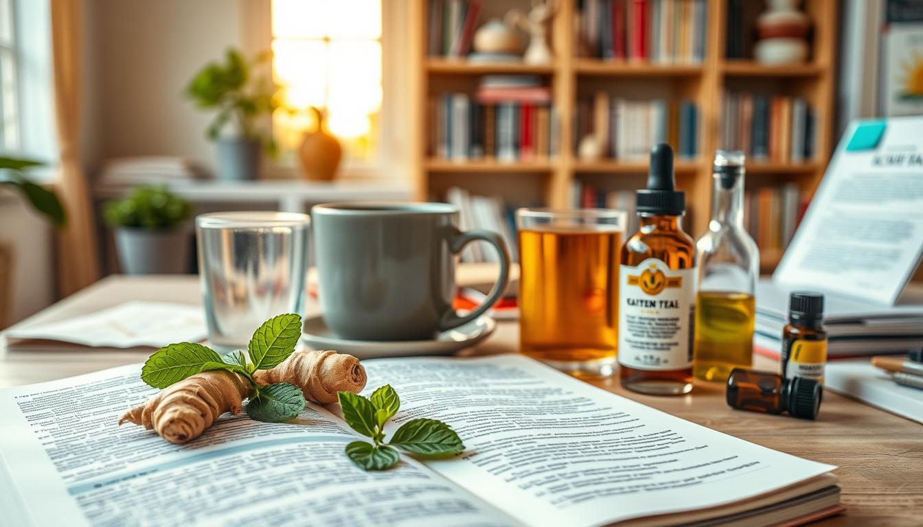 Vibrant still life depicting the management of caffeine-induced migraines. In the foreground, an open medical journal and an array of natural remedies - ginger, peppermint, and a glass of water. In the middle ground, a steaming mug of herbal tea and a bottle of pain-relieving essential oils. The background features a softly lit workspace, with bookshelves and scattered notes hinting at the pursuit of holistic solutions. Warm, diffused lighting casts a soothing glow, conveying a sense of calm and control amidst the discomfort of a migraine.
