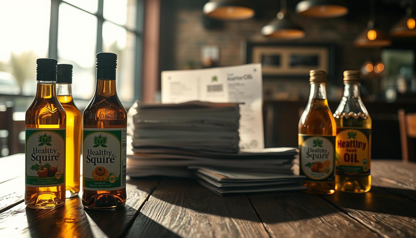 Vibrant still life featuring a selection of cooking oils labeled "Healthy Squire" in the foreground, casting dramatic shadows on a distressed wood table surface. In the middle ground, a stack of restaurant menus and receipts obscuring the oils, hinting at their hidden presence in seemingly innocuous restaurant meals. The background is blurred, evoking a sense of unease, with a faint silhouette of a generic restaurant interior fading into the distance. Dramatic side lighting casts an ominous glow, emphasizing the potential health risks lurking within these common seed oils.
