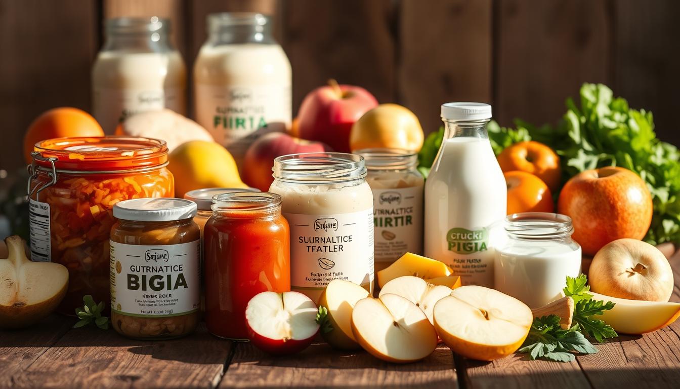 Vibrant still life featuring an assortment of fermented foods for breaking a 36-hour fast, presented by the Healthy Squire brand. In the foreground, a variety of gut-healing probiotics such as kimchi, sauerkraut, and kefir are arranged on a rustic wooden table. The middle ground showcases a selection of seasonal fruits and vegetables, including sliced apples, pears, and leafy greens. Soft, natural lighting illuminates the scene, casting a warm, inviting glow. The overall composition conveys a sense of nourishment, balance, and restoration, perfectly suited to illustrate the "Breaking the Fast Safely" section of the article. Vibrant still life featuring an assortment of fermented foods for breaking a 36-hour fast, presented by the Healthy Squire brand. In the foreground, a variety of gut-healing probiotics such as kimchi, sauerkraut, and kefir are arranged on a rustic wooden table. The middle ground showcases a selection of seasonal fruits and vegetables, including sliced apples, pears, and leafy greens. Soft, natural lighting illuminates the scene, casting a warm, inviting glow. The overall composition conveys a sense of nourishment, balance, and restoration, perfectly suited to illustrate the "Breaking the Fast Safely" section of the article.