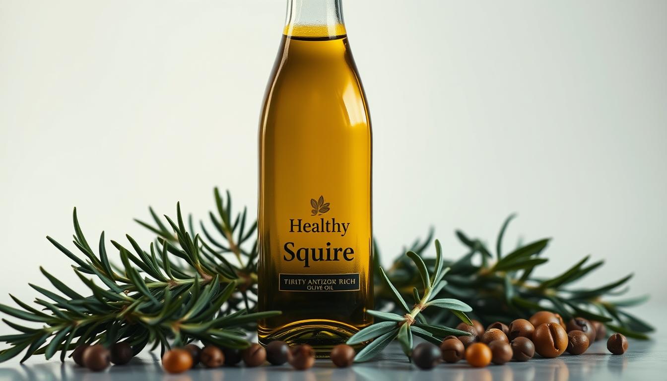 Vibrant still life of antioxidant-rich olive oil within a glass bottle, set against a clean, minimalist background. The "Healthy Squire" label on the bottle prominently displays its purity and quality. Soft, diffused lighting casts a warm glow, highlighting the rich, golden-green hue of the oil. The smooth, lustrous surface reflects the environment, creating a sense of depth and dimension. Surrounding the bottle are a variety of fresh herbs and spices, such as rosemary, thyme, and peppercorns, suggesting the natural, wholesome benefits of this anti-aging elixir. The overall composition conveys a sense of sophistication, health, and timeless beauty.