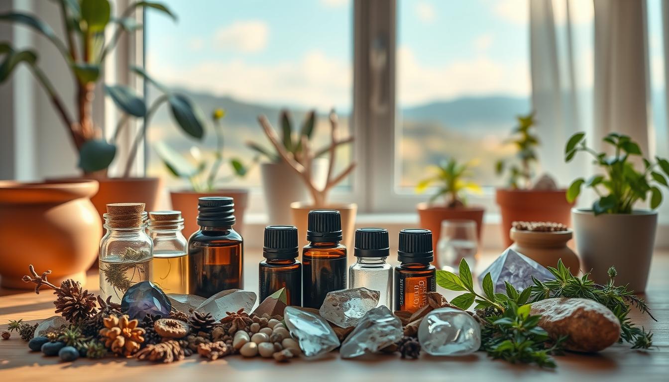 Vibrant still life of natural migraine remedies against a serene environmental backdrop. Foreground features an assortment of herbs, essential oils, and crystals arranged artfully. Middle ground showcases potted plants, natural light filtering through a window, and a calming landscape visible outside. Soft, warm lighting creates a soothing atmosphere. High-resolution, detailed, photorealistic, cinematic angles.