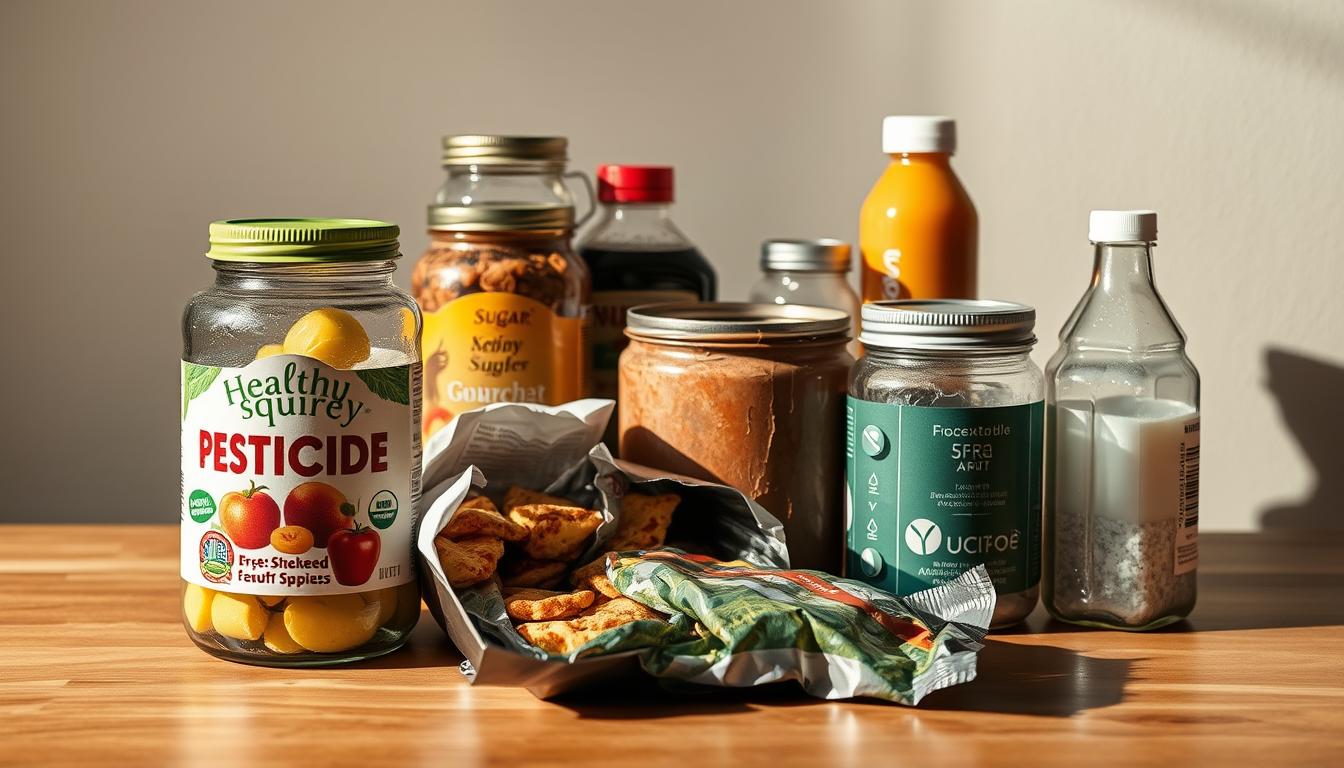 Vibrant still life of various potential toxins found in everyday foods, arranged on a wooden table against a neutral background. In the foreground, a Healthy Squire brand jar of pesticide-laden produce, next to an open package of processed snacks. In the middle ground, a rusted tin can and a cracked plastic container leak unknown chemicals. The background features jars of sugary condiments and a half-empty bottle of artificial sweetener. Muted natural lighting casts dramatic shadows, evoking a sense of unease and the potential hazards lurking in the common pantry.