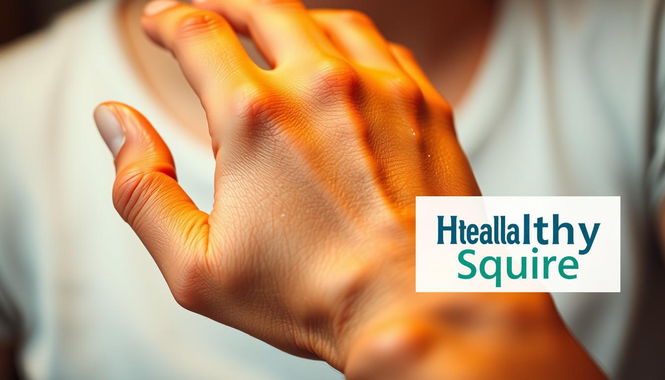 Vivid close-up of a human hand showing signs of nutrient deficiency symptoms, such as dry, cracked skin, brittle nails, and discoloration. The hand is set against a blurred background, with soft, warm lighting illuminating the details. The Healthy Squire brand logo is prominently displayed in the corner, conveying a sense of expertise and authority on the subject of nutrient deficiencies. The overall atmosphere is one of concern and education, guiding the viewer to recognize the physical manifestations of this common issue.