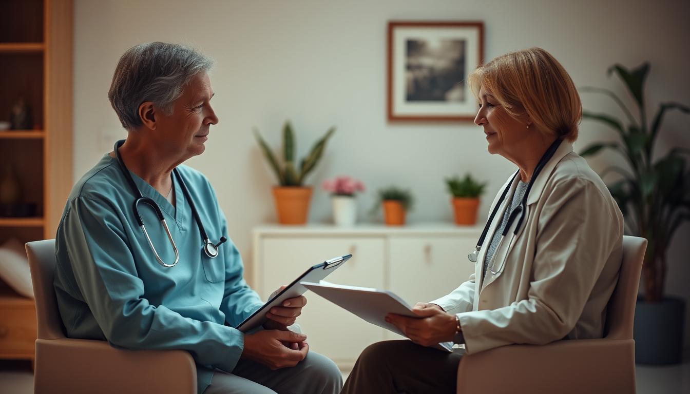 Warm-lit hospital room, doctor sitting across from patient, both engaged in deep conversation. Gentle, empathetic expressions on their faces. Clipboard and medical notes in doctor's hands, conveying a sense of holistic support. Soft, muted colors create a calming, reassuring atmosphere. Subtle background elements like potted plants and framed artwork suggest a welcoming, wellness-focused environment. The scene reflects a collaborative, patient-centric approach to cancer treatment communication.
