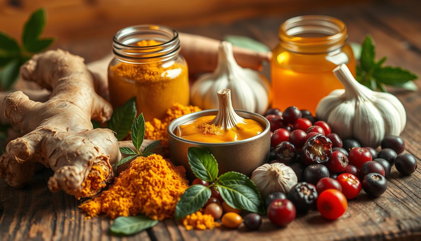 a close-up photograph of an assortment of natural immunity-boosting remedies, including fresh ginger, turmeric, garlic, honey, and various berries, arranged in a visually appealing manner on a rustic wooden table, bathed in warm, vibrant lighting that highlights the rich colors and textures of the ingredients, creating a sense of ancient wisdom and restorative power.