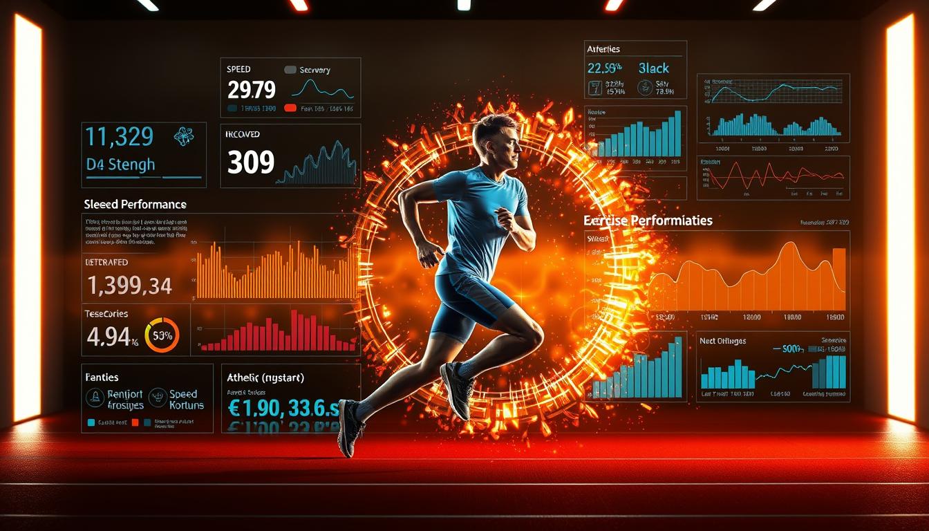 a dynamic and vibrant scene depicting the benefits of fasting for exercise performance. In the foreground, an athlete in athletic wear runs with energy and focus, their body language conveying increased endurance and power. The middle ground features a glowing energy field surrounding the runner, symbolizing the metabolic adaptations and cellular optimization that occur during fasting. In the background, a holographic display showcases various performance metrics, graphs, and data visualizations highlighting the measurable improvements in speed, strength, and recovery. The overall atmosphere is one of scientific discovery, athletic achievement, and a sense of the human body's incredible potential when optimized through fasting.