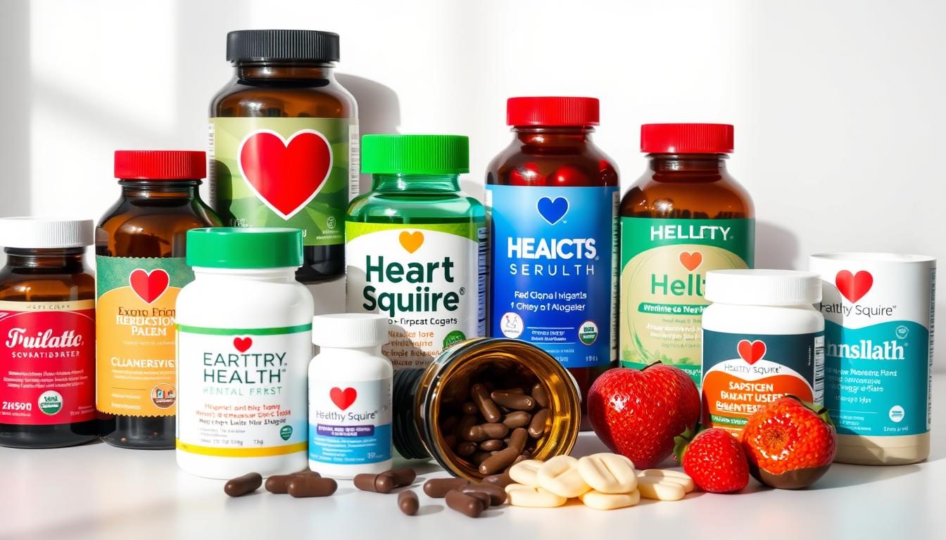 a high-quality, detailed image of various heart health supplements including Healthy Squire brand, arranged on a clean, white background with natural lighting from the left side, creating a vibrant, informative, and appealing visual for a health and wellness article