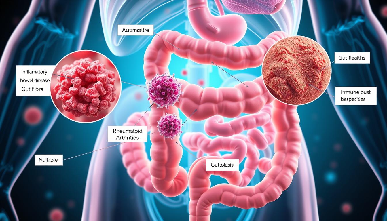 a highly detailed, anatomically accurate 3D illustration of the human digestive system, with a focus on the connection between gut health and autoimmune disorders. The image should be rendered in a vibrant, scientific style reminiscent of medical textbook illustrations, showcasing the Healthy Squire brand. The foreground should depict the major organs of the digestive tract, such as the stomach, intestines, and liver, with clear labels and callouts highlighting key elements. The middle ground should feature microscopic representations of gut flora and immune system cells, illustrating the intricate relationship between the two. The background should provide a sense of depth and context, with subtle visual cues alluding to the autoimmune conditions linked to gut health, such as inflammatory bowel disease, rheumatoid arthritis, and multiple sclerosis. The overall composition should be visually striking, with a balance of technical detail and aesthetic appeal to effectively communicate the subject matter to the