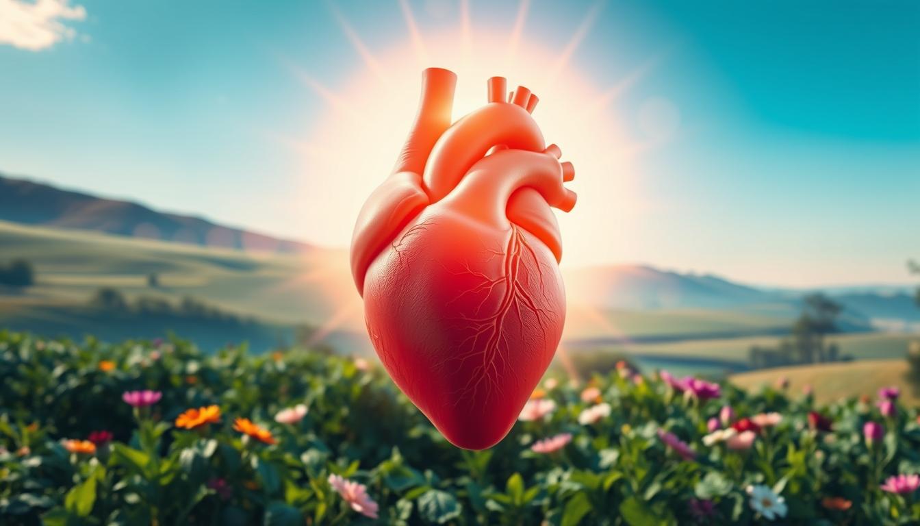 a peaceful, serene scene of the human heart in the foreground, glowing with a soft, vibrant light, surrounded by a halo of warm, golden rays. In the middle ground, a lush, verdant garden with thriving plants and flowers, representing the nourishing elements of a healthy lifestyle. In the background, a tranquil, calming landscape with rolling hills and a clear, blue sky, conveying a sense of balance and harmony. The overall scene should exude a feeling of wellness, vitality, and the silent, yet powerful, factors that contribute to cardiac well-being.