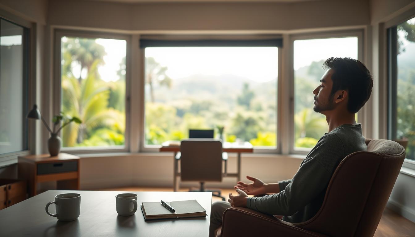 a serene, well-lit study or workspace with a large, panoramic window showcasing a tranquil outdoor landscape. In the foreground, a person sitting in a comfortable chair, eyes closed, in a state of deep focus and meditation. Soft, diffused lighting illuminates their face, creating a sense of calm and clarity. The middle ground features a simple, minimalist desk or table, with just a few essential items like a notebook, pen, and a mug of hot tea. The background depicts a lush, vibrant garden or forest scene, creating a peaceful, natural ambiance. The overall atmosphere is one of stillness, contemplation, and heightened mental awareness, reflecting the mental benefits of the fasting process.