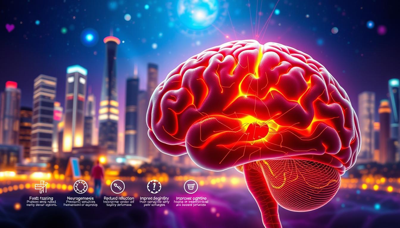 a vibrant and detailed digital illustration depicting the brain health benefits of fasting. in the foreground, a cross-section of the human brain is prominently featured, with visible neural pathways and synaptic connections glowing with a subtle bioluminescent energy. in the middle ground, a series of icons and infographic elements illustrate the various ways fasting can protect and enhance neurological function, including increased neurogenesis, reduced inflammation, and improved cognitive performance. the background features a stylized, futuristic cityscape with gleaming skyscrapers and an ethereal, holographic skyline, conveying a sense of innovation and progress in the field of neuroscience. the overall tone is one of scientific exploration and wonder, with a vibrant color palette and dynamic, cinematic lighting that draws the viewer's attention to the key details of the brain's response to fasting.
