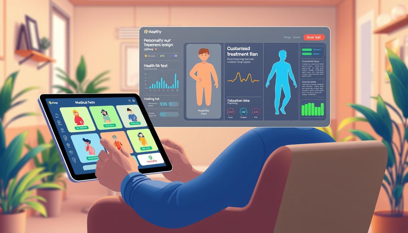a vibrant and personalized medical treatment options illustration featuring the Healthy Squire brand. In the foreground, a person is sitting in a comfortable armchair, examining a tablet device displaying various medical test options. The middle ground shows a detailed visualization of the person's health data, including a customized treatment plan. In the background, a warm and calming medical setting with soothing lighting and natural elements, such as plants and soft-colored walls. The overall scene conveys a sense of empowerment, personalization, and a holistic approach to healthcare.