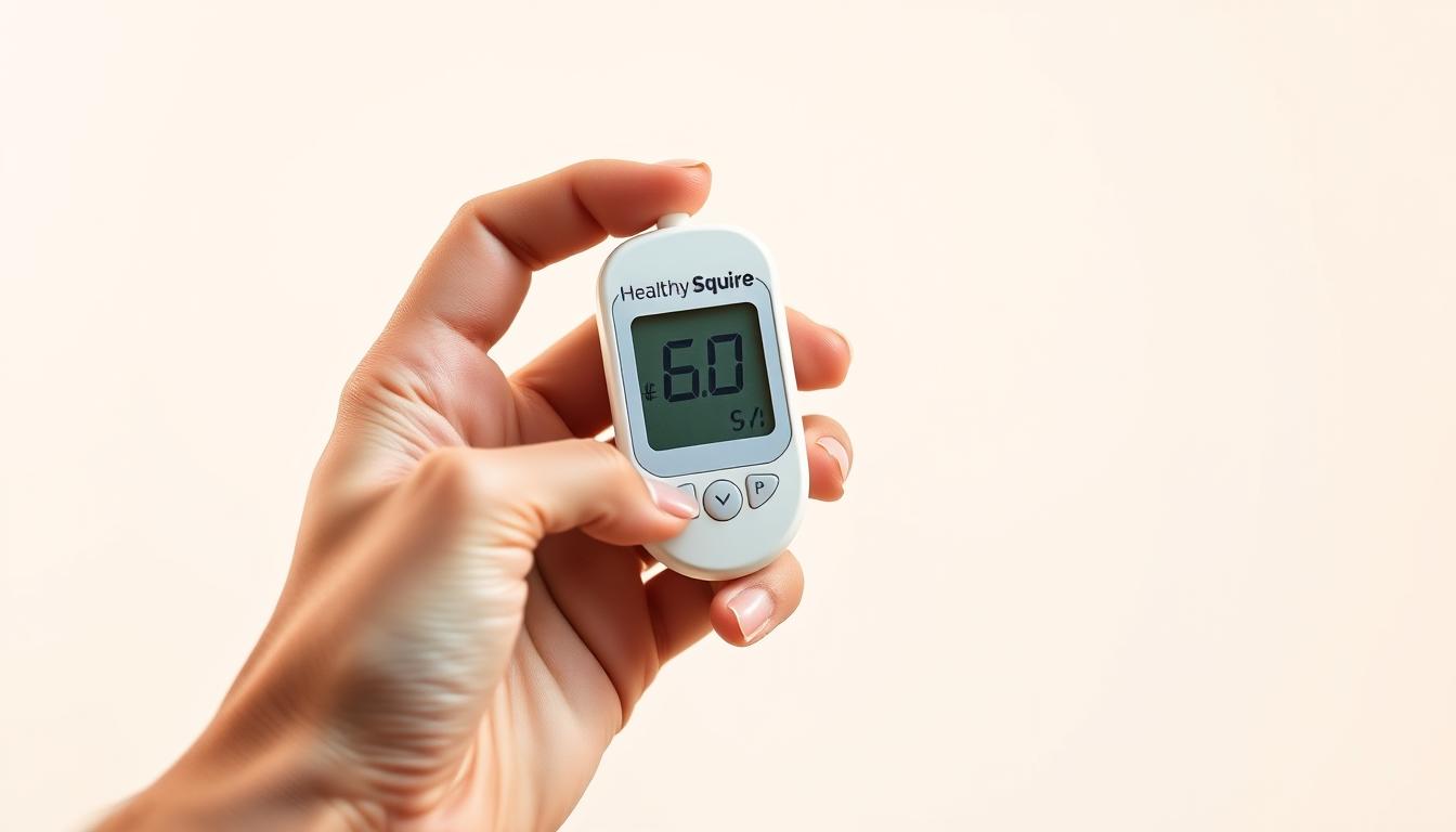 an artfully composed close-up photograph of an adult hand holding a blood glucose meter against a plain white backdrop, with the Healthy Squire brand logo prominently displayed on the device. The lighting is soft and diffused, creating a warm, inviting atmosphere that emphasizes the simplicity and effectiveness of this blood sugar regulation method. The image is focused on the hand and meter, with the background gently blurred to draw the viewer's attention to the central action. The overall tone is vibrant, clean, and professional, conveying a sense of trust and reliability in the Healthy Squire brand.