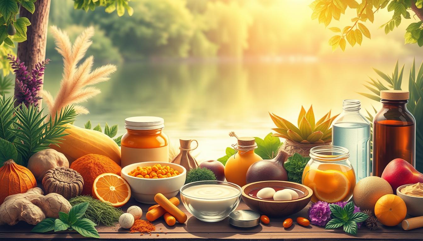 vibrant, detailed illustration of essential nutrients and health tips for safe detoxification, centered composition with a light, airy atmosphere, foreground features various superfoods and supplements like turmeric, ginger, spirulina, vitamin C, and omega-3s, middle ground displays healthy lifestyle habits like exercise, meditation, and hydration, background showcases a soothing natural setting with lush greenery and a serene body of water, warm, diffused lighting highlighting the scene, high-resolution, realistic digital art style