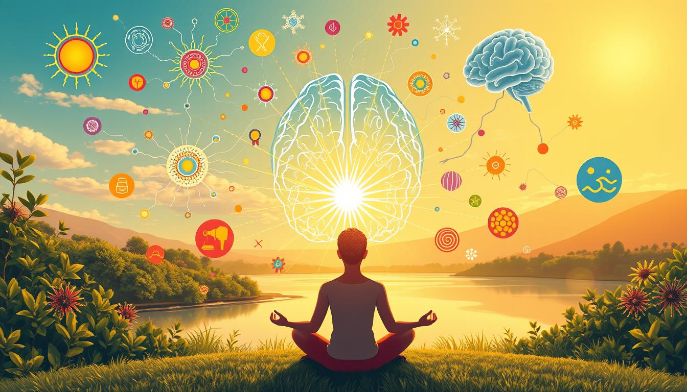 vibrant, detailed illustration of mind-body wellness tips for neuroplasticity, featuring a serene, sunlit scene with a person in a meditative pose, surrounded by floating glyphs, symbols, and visual metaphors representing cognitive flexibility, neuronal connections, and the power of the mind to shape the brain. The foreground shows the person in a relaxed, thoughtful posture, with rays of light emanating from their head, symbolizing the unlocking of hidden mental potential. The middle ground features a vibrant, swirling array of neural pathways, synapses, and brain regions, all interconnected and pulsing with energy. The background showcases a tranquil, nature-inspired landscape, with lush foliage, a serene body of water, and a warm, golden-hued sky, conveying a sense of harmony and balance between the mind and the physical world.