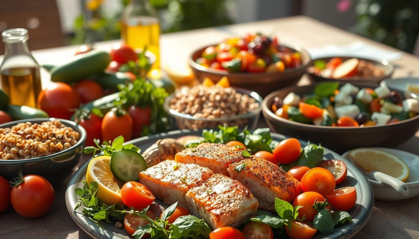 A Mediterranean-inspired feast of fresh, colorful produce, whole grains, and heart-healthy fats. A sun-drenched table showcases a vibrant array of ripe tomatoes, crisp cucumbers, fragrant herbs, and rich extra-virgin olive oil. In the foreground, a platter of grilled salmon, seasoned with lemon and aromatic spices, takes center stage. Surrounding it, bowls brimming with hearty quinoa, roasted vegetables, and a vibrant Greek salad with tangy feta. Soft lighting casts a warm glow, evoking the relaxed, convivial atmosphere of a Mediterranean alfresco dining experience. The scene exudes a sense of balance, nourishment, and the holistic, anti-inflammatory benefits of this time-honored dietary approach.