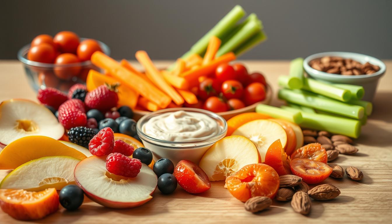 A beautiful, well-lit tabletop scene featuring an assortment of healthy snack options. In the foreground, an array of freshly sliced fruits such as crisp apple wedges, juicy orange segments, and vibrant berries. In the middle ground, a selection of crunchy vegetables like carrot sticks, celery stalks, and cherry tomatoes, arranged artfully. Complementing them, a small bowl of creamy hummus and a handful of roasted almonds. The lighting is soft and natural, casting a warm glow on the scene. The overall atmosphere is one of simplicity, freshness, and nourishment, inviting the viewer to savor these wholesome snack choices. A beautiful, well-lit tabletop scene featuring an assortment of healthy snack options. In the foreground, an array of freshly sliced fruits such as crisp apple wedges, juicy orange segments, and vibrant berries. In the middle ground, a selection of crunchy vegetables like carrot sticks, celery stalks, and cherry tomatoes, arranged artfully. Complementing them, a small bowl of creamy hummus and a handful of roasted almonds. The lighting is soft and natural, casting a warm glow on the scene. The overall atmosphere is one of simplicity, freshness, and nourishment, inviting the viewer to savor these wholesome snack choices.