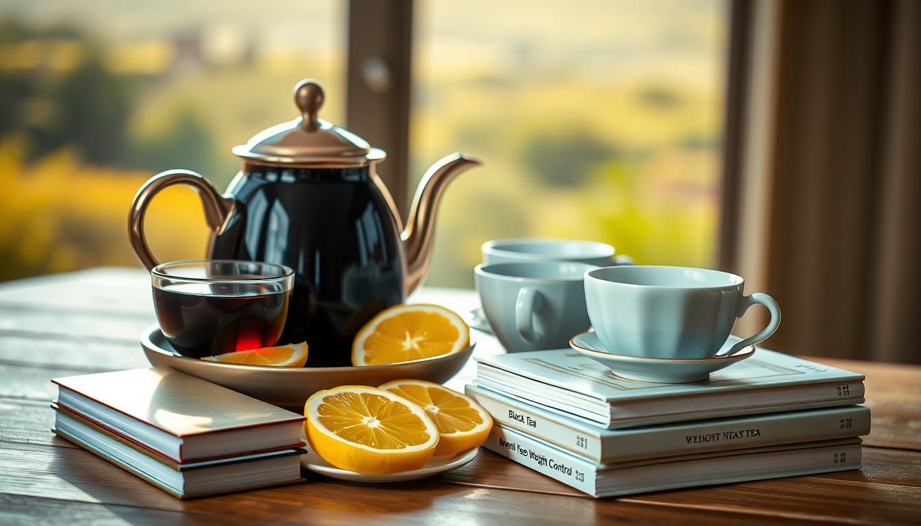 A beautifully crafted still life of a vibrant black tea set, with a ceramic teapot, delicate tea cups, and a tray of fresh lemon slices. The scene is bathed in warm, natural lighting, creating a cozy and inviting atmosphere. In the foreground, a stack of books on the benefits of black tea for weight control sits next to the tea set, adding a sense of knowledge and wellness. The background features a soft, blurred landscape, emphasizing the tranquility and focus of the moment. The overall composition is balanced and visually striking, capturing the essence of black tea's role in promoting natural weight management.