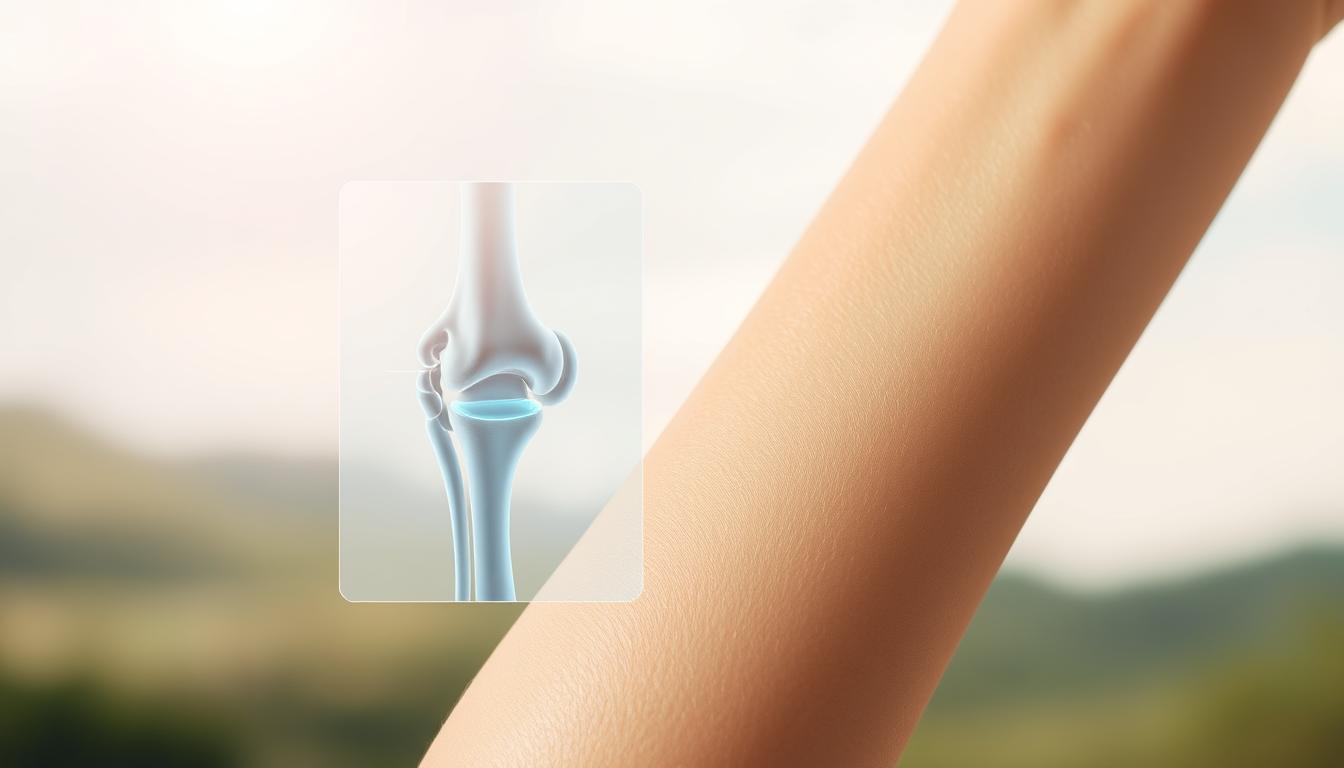 A beautifully lit, close-up photograph of a woman's glowing, well-hydrated skin on her forearm, revealing the supple, plump texture and radiant, dewy appearance. In the middle ground, a transparent overlay showcases the joint structure, with each component - cartilage, ligaments, and synovial fluid - visible and emphasized, highlighting the benefits of proper hydration for joint health and flexibility. The background features a soft, blurred, natural landscape, creating a serene, calming atmosphere that reinforces the rejuvenating, vibrant qualities of the skin and joint imagery.
