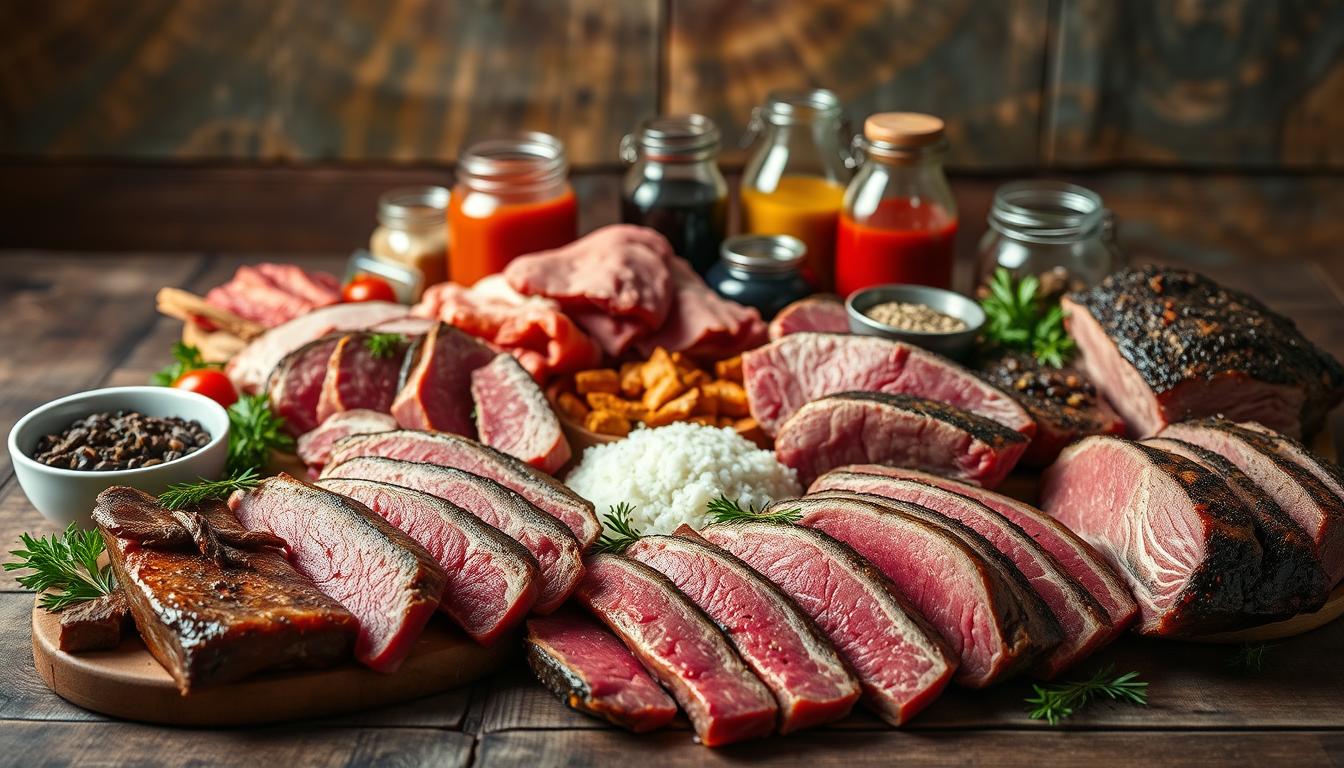 A beautifully lit close-up shot of a neatly arranged 7-day meal plan for a carnivore diet, displayed on a rustic wooden surface. The foreground features a selection of high-quality meat cuts, such as juicy steaks, succulent roasts, and tender organ meats, carefully arranged in a visually appealing layout. In the middle ground, glass jars or containers hold various sauces, seasonings, and condiments that complement the protein-rich dishes. The background showcases a vibrant, earthy color palette with natural textures, creating a warm and inviting atmosphere that reflects the wholesome, nutrient-dense nature of the carnivore lifestyle.